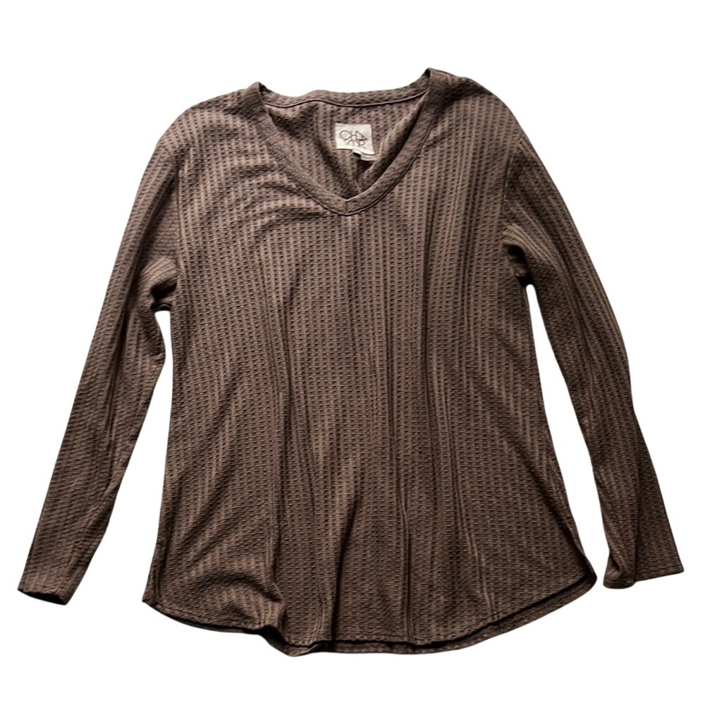 Chaser Womens Brown Waffle Knit V-Neck Long Sleeve Thermal Top XL - Picture 1 of 4